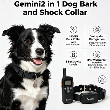 cataccessori Адказ Gemini2 in 1 Dog Bark and Shock Collar - 4500FT Bark Collar with Remote, Voiceprint Recognition, Beep/Vibration/Shock Modes, 8 Sensitivity Levels, IP67 Waterproof, Portable Training Collar for 5-120lbs Dogs
